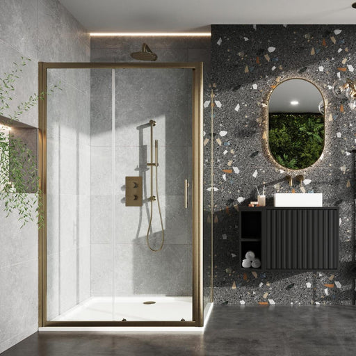 Roma Brushed Brass Sliding Shower Door 1000mm - Bathroom Warehouse