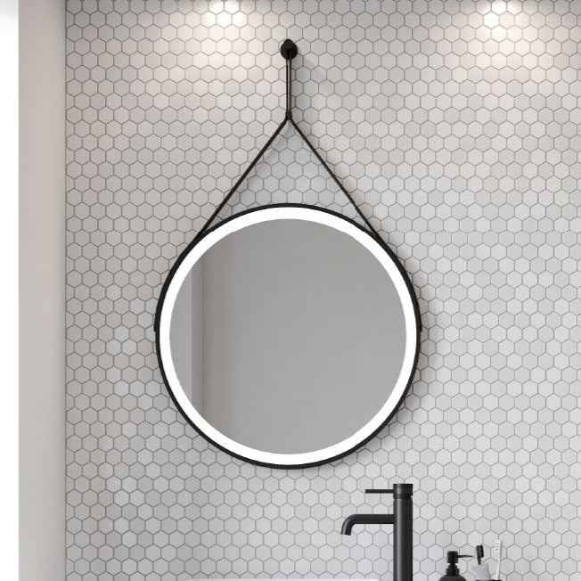 Round Black LED Mirror with Strap 600mm - Ancona - Bathroom Warehouse