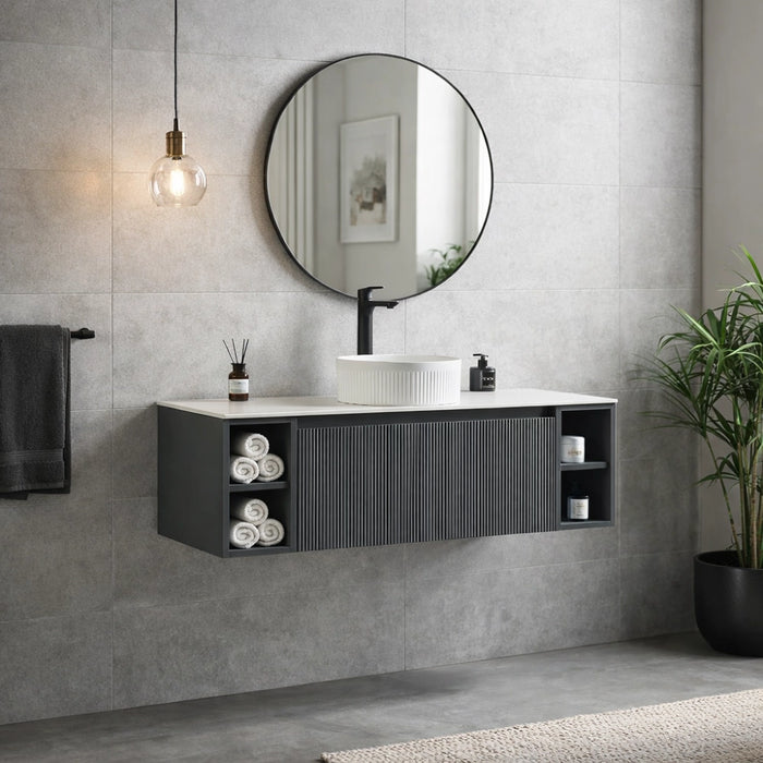 Fluted 1200mm Wall Hung Vanity with 2 Side Storage - Smoked Sage