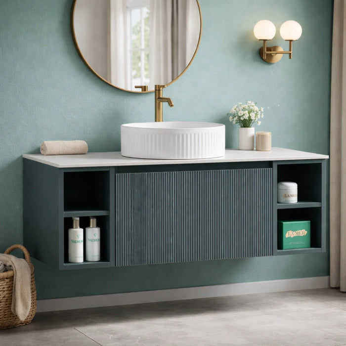 Fluted 1000mm Wall-Hung Vanity Unit with 2 Side Storage – Smoked Sage