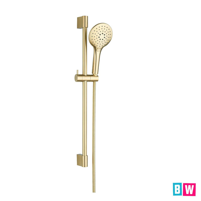 Brushed brass shower kit with round handset, T-bar controls, and flexible hose