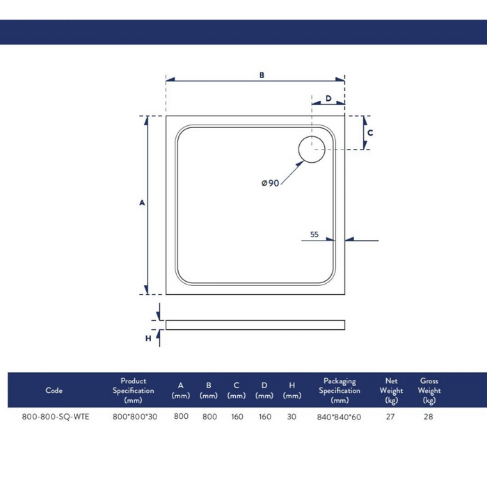 Slimline 800mm Low Profile Square Shower Tray White