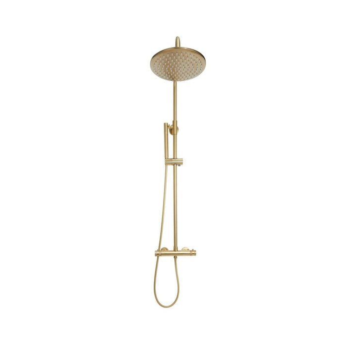 T - Bar Shower & Rail with 200mm Round Brushed Brass Drench Shower - Bathroom Warehouse