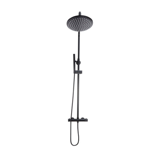 T - Bar Shower with Rail & 200mm Round Drench Head Set in Black - Bathroom Warehouse