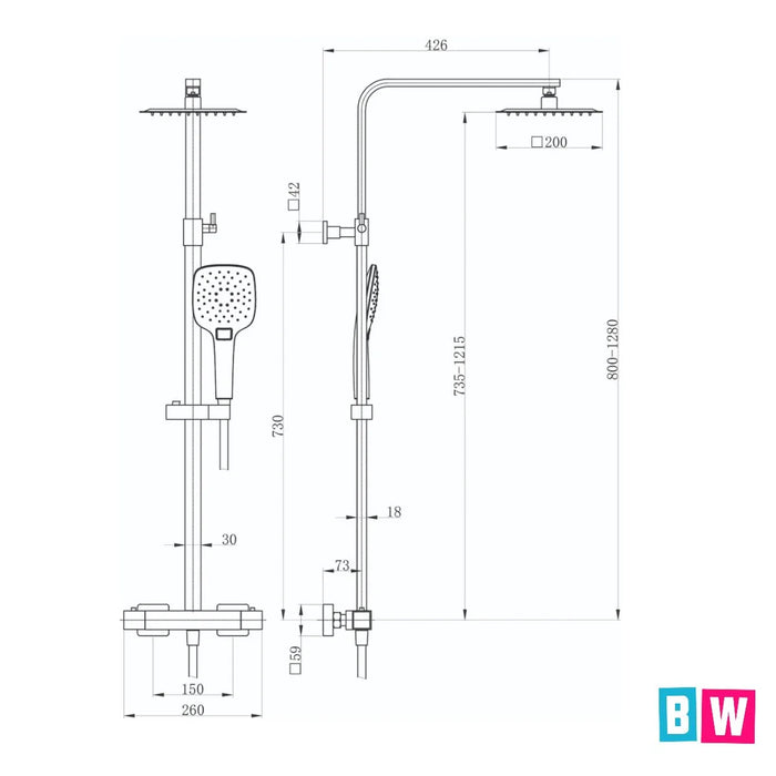 Brushed brass shower set technical drawing with square head and vertical rail.