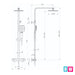 Brushed brass shower set technical drawing with square head and vertical rail.
