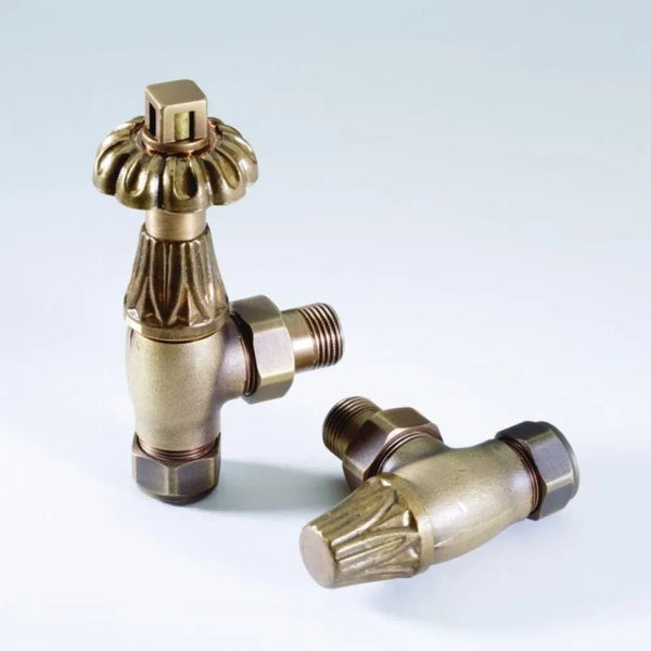 Antique Brass Thermostatic Angled Radiator Valve - Bathroom Warehouse