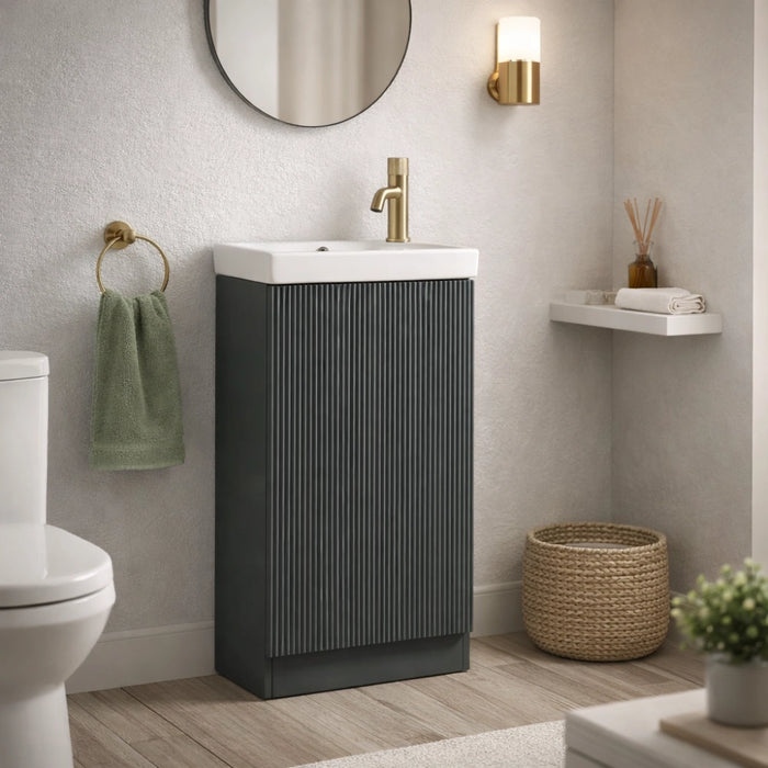 Mini Fluted Cloakroom Vanity Unit with Ceramic Basin - Smoked Sage