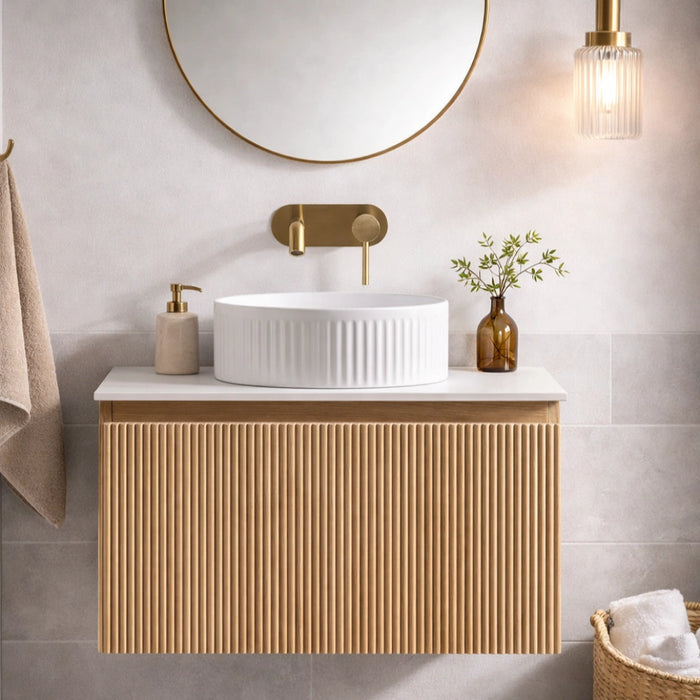 Fluted 600mm Oak Wall Hung Vanity with Counter Top - Country Oak