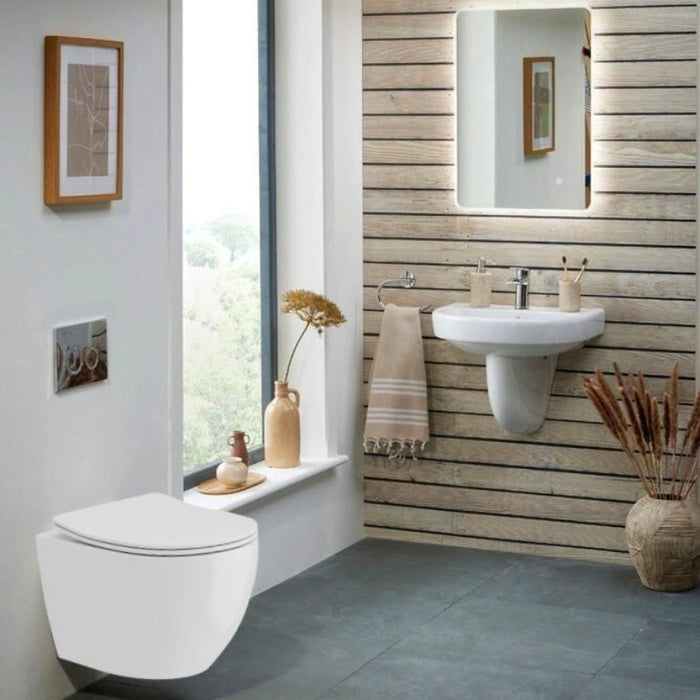 Rimless Wall Hung White Toilet, Frame & Button Pack